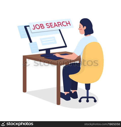 Woman searching for job semi flat color vector character. Sitting figure. Full body person on white. Employment isolated modern cartoon style illustration for graphic design and animation. Woman searching for job semi flat color vector character
