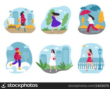 Woman seasonal graphic. Female walking with umbrella outdoor season human rainy and snowy day falling leaves recent vector illustrations. Season autumn and spring, winter and summer woman. Woman seasonal graphic. Female walking with umbrella outdoor season human rainy and snowy day falling leaves recent vector illustrations