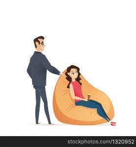 Woman Seat in Beanbag Chair, Man Stand Behind. Young Smiling, Relaxed Female Character Holding Coffee Resting. Male Freelancer at Coworking Open Space. Flat Cartoon Vector Illustration. Woman Seat in Beanbag Chair, Man Stand Behind