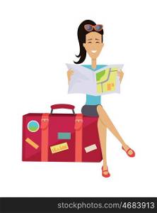 Woman Seating on Suitcase. Summer vacation concept. Traveling with baggage illustration. Flat style design. Smiling brunette woman seating on suitcase and looking in road map. Isolated on white background.