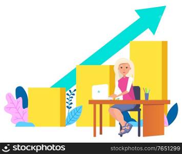 Woman secretary sitting at table, growing arrow to top and plants. Vector diagram chart with pointer isolated cartoon character. Businesswoman and statistics. Woman Secretary Sits at Table, Arrow Grow to Top