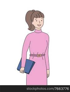 Woman secretary wearing formal dress vector, person with clipboard containing papers and page, confident lady on meeting, adult working in office. Woman Holding Clipboard and Smiling, Secretary