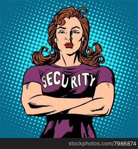 woman security guard pop art retro style. Security Agency protection and sport. woman security guard