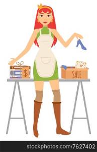 Woman seller holding high heel, footwear and clock in cardboard case, goods with dollar sticker on table. Garage sale, accessory retail, second sale vector. Event for sale used goods. Flat cartoon. Garage Sale of Accessory, Woman Seller Vector