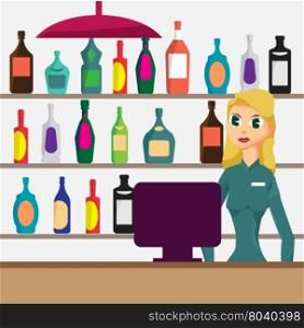 Woman seller in shop of elite alcohol. Vector flat cartoon illustration. Alcohol assortment of containers.