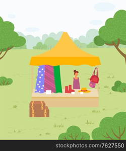 Woman selling clothes for ladies vector, marketplace in forest. Summer fair with shops and store kiosks, park with trees and green lawns foliage nature. Funny spending time on harvest festival. Summer Market Woman with Clothes Selling Outdoors