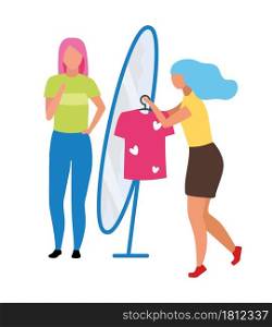 Woman selling clothing in store semi flat color vector characters. Full body people on white. Advising on fashion choices isolated modern cartoon style illustration for graphic design and animation. Woman selling clothing in store semi flat color vector characters