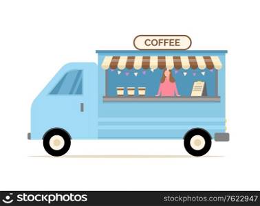 Woman selling coffee vector, truck with hot drinks and lady salesperson proposing different kinds and toppings, business street food isolated cart. Coffee Truck with Seller, Hot Beverages Shop Vector