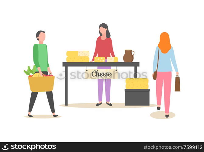 Woman selling dairy products vector, seller with customers holding bags shopping day, person with basket filled with meal and food, cheese production. Summer Market Cheese Seller with Products Vector