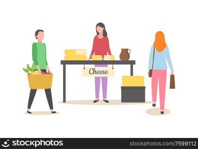 Woman selling dairy products vector, seller with customers holding bags shopping day, person with basket filled with meal and food, cheese production. Summer Market Cheese Seller with Products Vector