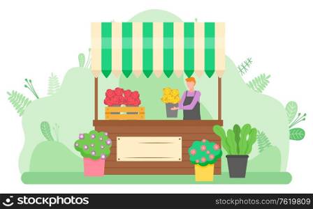 Woman selling flowers and plants in pots on street. Female florist making colorful bouquets and putting them in vases in park. Floriculture and garden tillage vector. Woman Selling Bouquets of Flowers on Street Vector