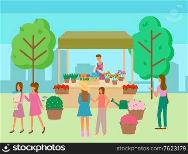 Woman selling flowers at street market stand. Floral kiosk, female florist making bouquets for customers. Marketplace in park concept vector illustration. Flat cartoon. Young Woman Selling Flowers at Marketplace Vector