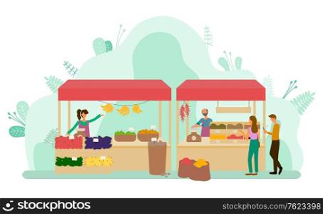 Woman selling fruits and vegetables. Male vendor in apron standing behind counter with species. Couple of customers. Street stall or kiosk. Marketplace in park vector. Flat cartoon. Street Market with Fruits and Vegetables Vector