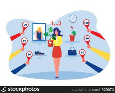 Woman Selling offer bid or Auction business concept, Vector Illustration.