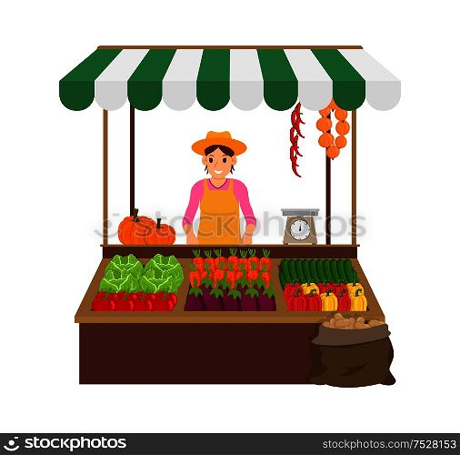 Woman selling products in market isolated icon vector. Farmer with home production pepper and tomato, cucumber and carrots. Cabbage and pumpkin veggie. Woman Selling Products Market Vector Illustration