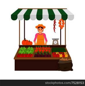 Woman selling products in market isolated icon vector. Farmer with home production pepper and tomato, cucumber and carrots. Cabbage and pumpkin veggie. Woman Selling Products Market Vector Illustration