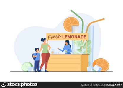 Woman selling tasty drinks to woman and her kid. Glass, weekend, park. Flat vector illustration. Summer, beverage, holiday concept can be used for presentations, banner, website design, landing page