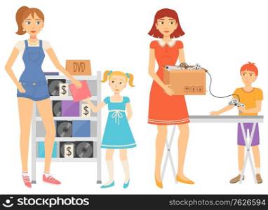 Woman selling used things vector, isolated garage sale characters. Lady with kids, boy buying joysticks, girl holding disk with music and films second hand. Event for sale used goods. Flat cartoon. Garage Sale People Selling Second Hand Items Vector