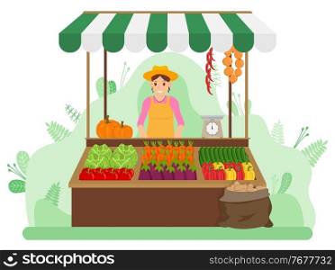 Woman selling vegetables in trading shop under canopy. Market or food trade. Cabbage, tomatoes, eggplant, carrots. Self-sufficiency. Attraction and accumulation of capital. Agriculture, harvesting. A woman sells vegetables in a vegetable shop at the market. Street trading. Farming and gardening