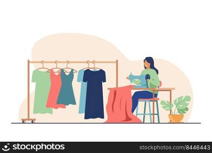 Woman sewing new dress on stitching machine. Seamstress, cloth, apparel flat vector illustration. Fashion and craftwork concept for banner, website design or landing web page
