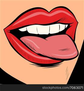 woman sexy tongue. Comic cartoon pop art retro vector illustration drawing. woman sexy tongue