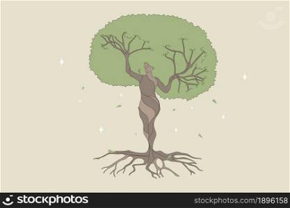 Woman shape being a natural forest tree. Vector concept illustration of nature and human balance by saving and protect nature.. Woman shape being a natural forest tree