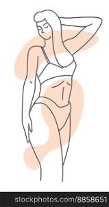Woman shapes, girl with long hair wearing underwear or lingerie. Spa salon beauty procedures or cosmetic treatment. Isolated female body part. Monochrome sketch outline, vector in flat style. Body of sensitive female character, sketch vector