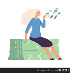 Woman sharing money. Flying cash, rich girl donating. Isolated wealthy businesswoman, job success or financial growth vector illustration. Successful happiness woman sharing money. Woman sharing money. Flying cash, rich girl donating. Isolated wealthy businesswoman, job success or financial growth vector illustration