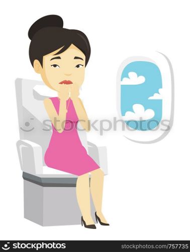 Woman shocked by plane flight in a turbulent area. Airplane passenger frightened by flight. Terrified passenger sitting in airplane seat. Vector flat design illustration isolated on white background.. Young woman suffering from fear of flying.