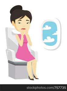 Woman shocked by plane flight in a turbulent area. Airplane passenger frightened by flight. Terrified passenger sitting in airplane seat. Vector flat design illustration isolated on white background.. Young woman suffering from fear of flying.