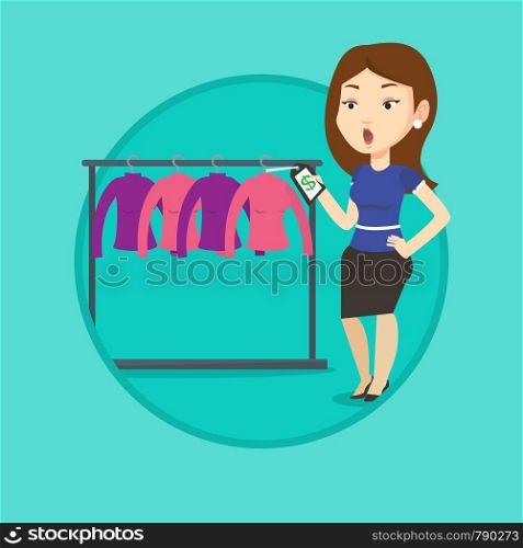 Woman shocked by price tag in clothing store. Surprized woman looking at price tag in clothing store. Woman staring at price tag. Vector flat design illustration in the circle isolated on background.. Woman shocked by price tag in clothing store.