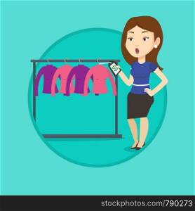 Woman shocked by price tag in clothing store. Surprized woman looking at price tag in clothing store. Woman staring at price tag. Vector flat design illustration in the circle isolated on background.. Woman shocked by price tag in clothing store.