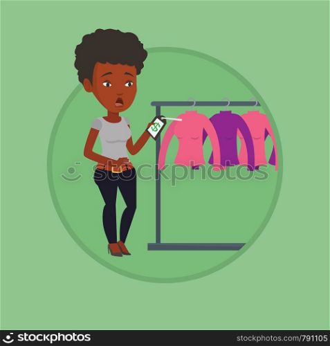 Woman shocked by price tag in clothing store. Surprised woman looking at price tag in clothing store. Woman staring at price tag. Vector flat design illustration in the circle isolated on background.. Woman shocked by price tag in clothing store.