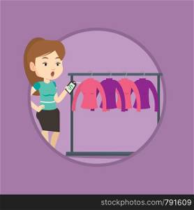 Woman shocked by price tag in clothing store. Surprised woman looking at price tag in clothing store. Woman staring at price tag. Vector flat design illustration in the circle isolated on background.. Woman shocked by price tag in clothing store.