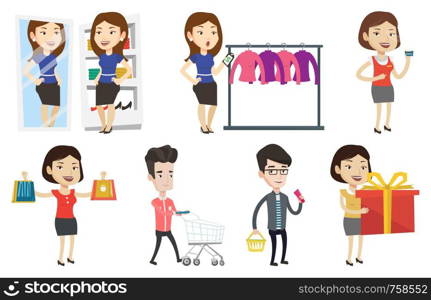 Woman shocked by prices in clothes store. Woman looking at price tag in clothes store. Woman staring at price tag in clothes store. Set of vector flat design illustrations isolated on white background. Vector set of shopping people characters.