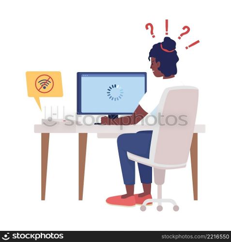 Woman shocked from lost signal semi flat color vector character. Sitting figure. Full body person on white. No connection isolated modern cartoon style illustration for graphic design and animation. Woman shocked from lost signal semi flat color vector character