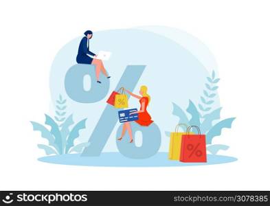 woman shop Commercial sales, big procent discount for goods, order. Black friday. Flat vector