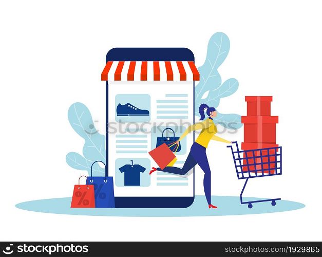 woman shop online store, promo purchase marketing flat vector illustration