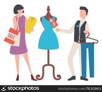 Woman shopper holding package and blouse, dress with discount label on mannequin. Seller holding rack with trousers, shopper choosing clothes. Vector illustration in flat cartoon style. Female Buying Clothes, Sale Old Collection Vector