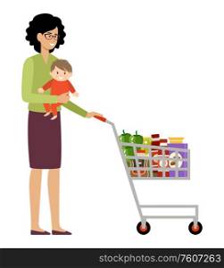 Woman shopper with shopping basket and baby. Vector flat illustration