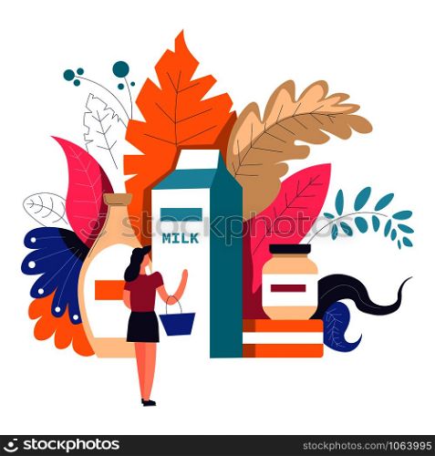 Woman shopping at supermarket choosing products at grocery store department vector person standing with basket and looking at big package of milk and dairy meal in containers foliage leaves decor.. Woman shopping at supermarket choosing products at grocery store
