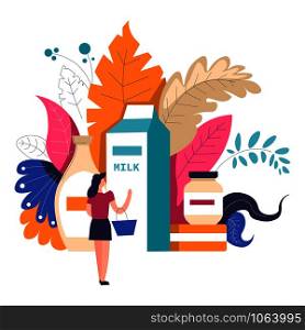 Woman shopping at supermarket choosing products at grocery store department vector person standing with basket and looking at big package of milk and dairy meal in containers foliage leaves decor.. Woman shopping at supermarket choosing products at grocery store
