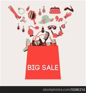 Woman shopping bag made of girl accessories big sale poster vector illustration