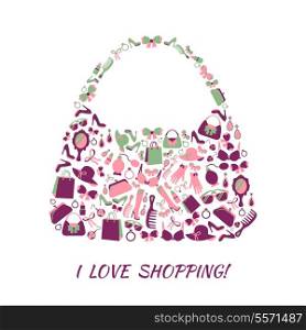 Woman shopping bag purse made of girl accessories and love shopping text poster vector illustration
