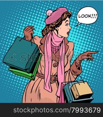 Woman shopping buy discounts look pop art retro style. Holiday sale stores and shopping malls. Girl Shopaholic. The interest in new products. Woman shopping buy discounts look