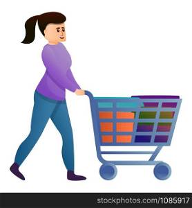 Woman shopping cart icon. Cartoon of woman shopping cart vector icon for web design isolated on white background. Woman shopping cart icon, cartoon style