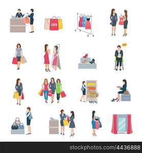 Woman Shopping Flat Icons. Set of color flat icons depicting woman shopping selection clothes shoes bag in store vector illustration