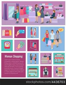 Woman Shopping Icon Flat . Set of color icons different size with elements of woman shopping vector illustration