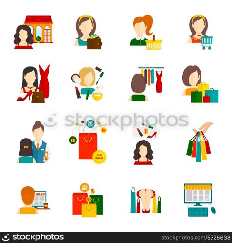 Woman shopping icon flat set with cosmetics accessories fashion symbols isolated vector illustration