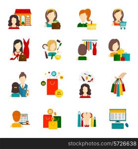 Woman shopping icon flat set with cosmetics accessories fashion symbols isolated vector illustration
